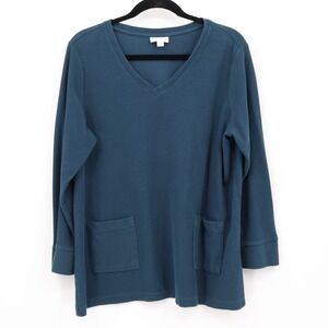 J Jill Cotton Sweater Womens XL Blue Patch Pockets Boho Bohemian Coastal Grandma